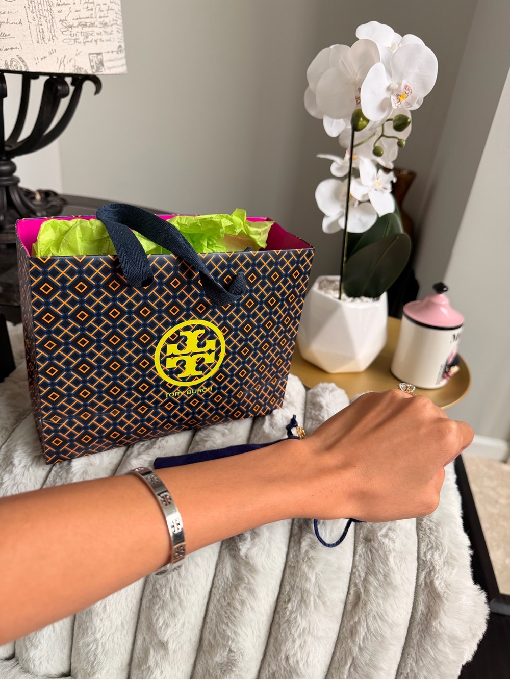 Tory Burch Navy Mini Gift Bag with Neon Yellow Logo and Pink Interior
